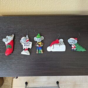 Set of 5 Ceramic Bisque Hand Painted Mice / Mouse Vintage Christmas Ornaments